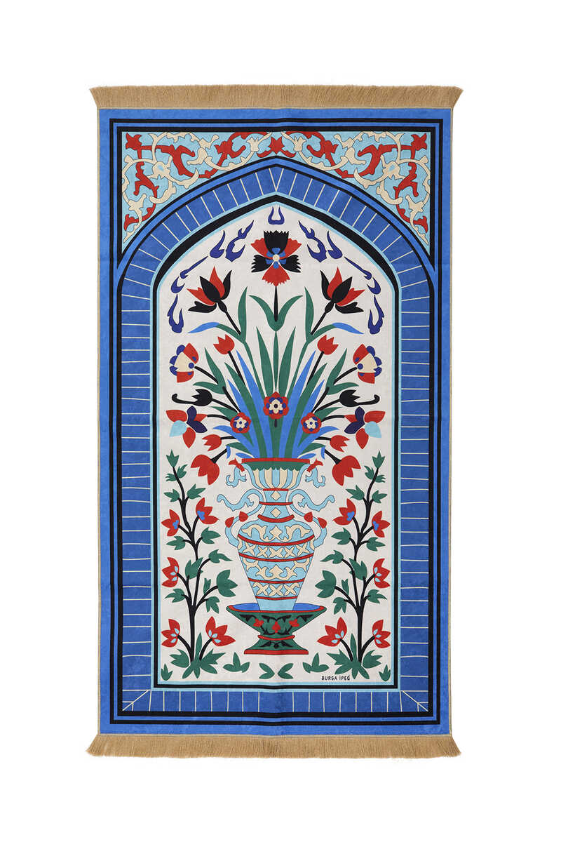 KHALILAH Velvet Prayer Rug  Blue & White