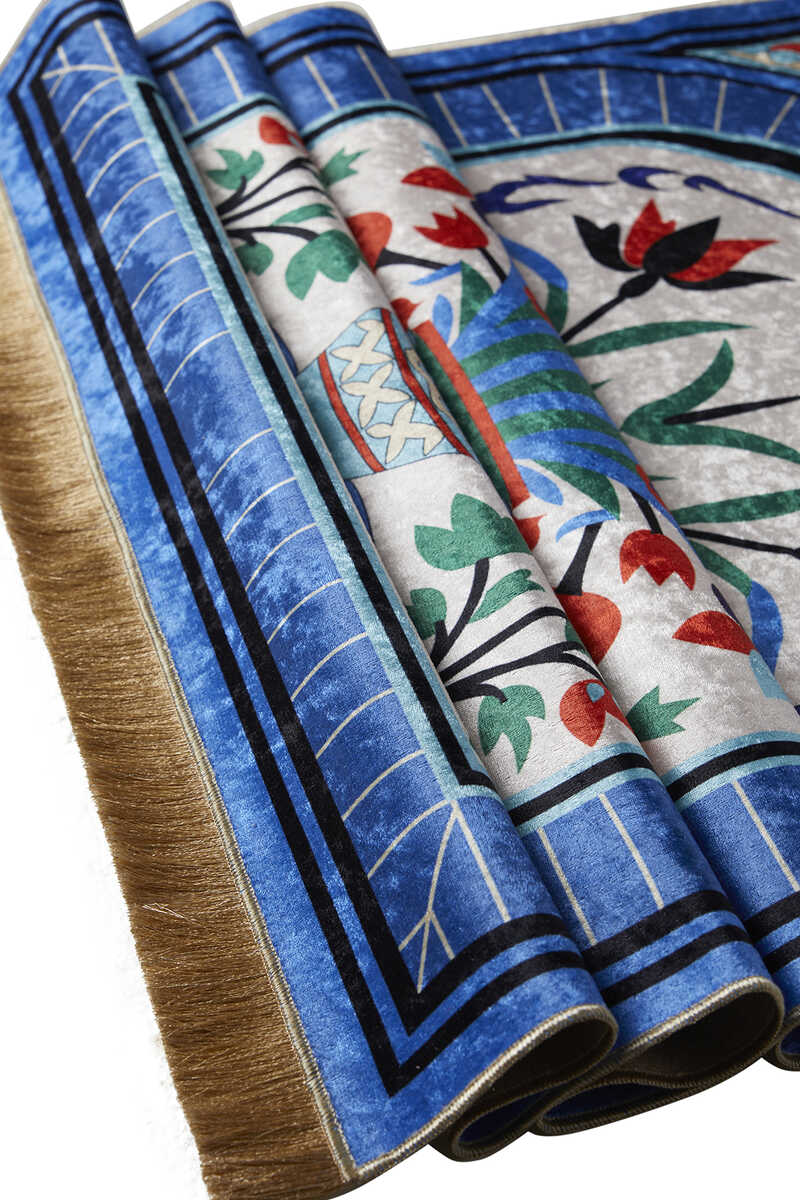 KHALILAH Velvet Prayer Rug  Blue & White