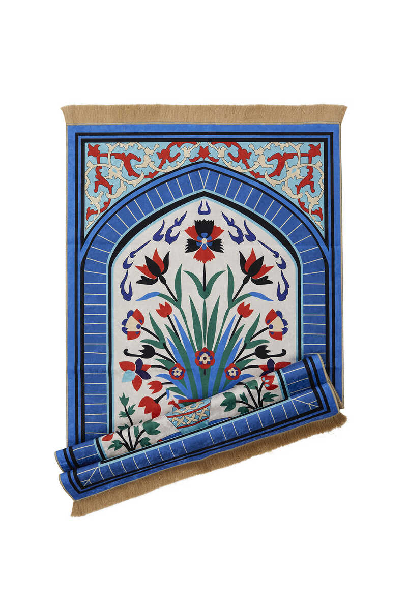 KHALILAH Velvet Prayer Rug  Blue & White