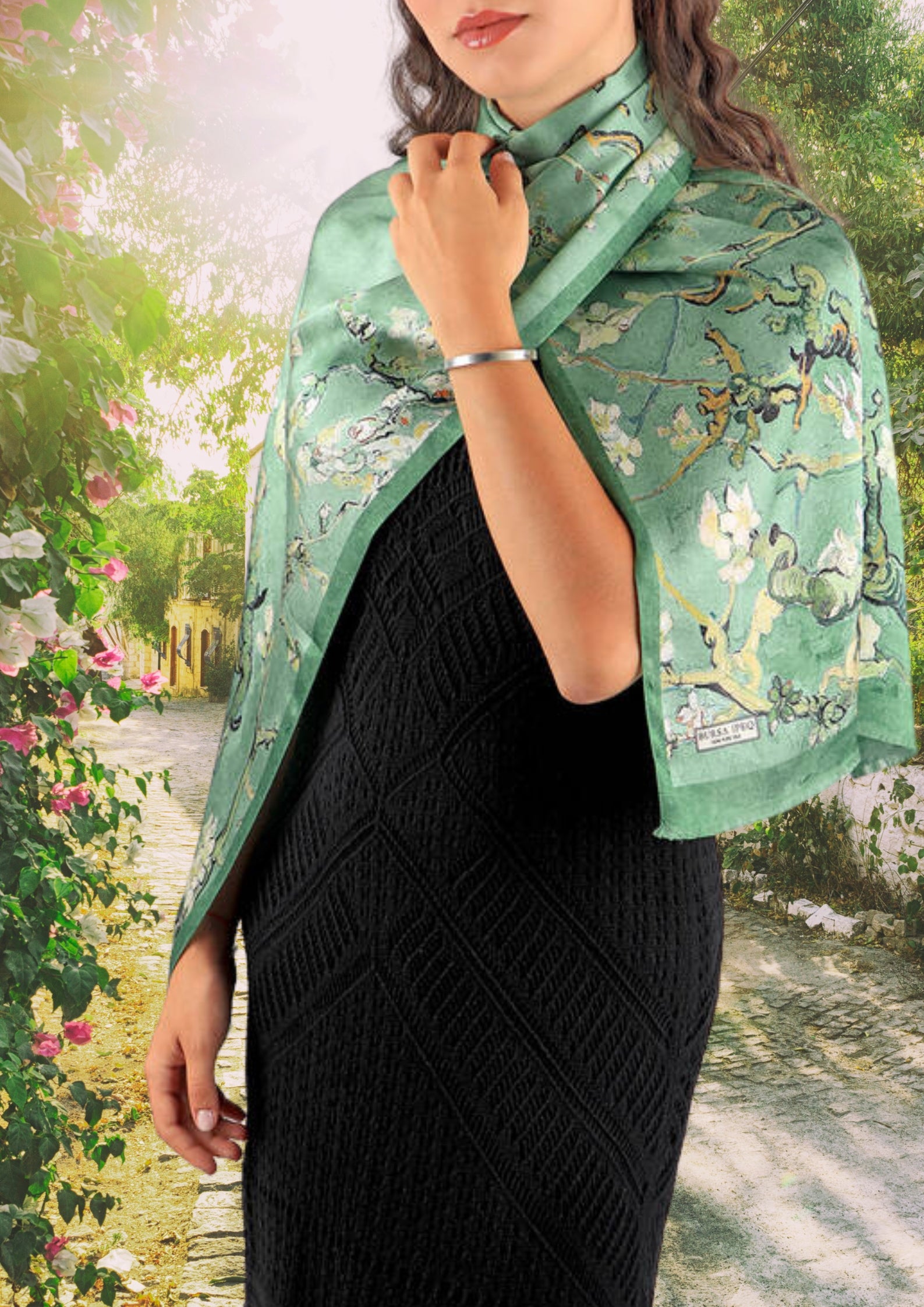 Almond Blossom Silk Foulard | Green