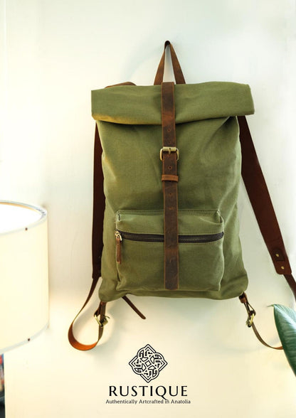 KEŞANE Adjustable Backpack & Travel Bag | Khaki Green Canvas