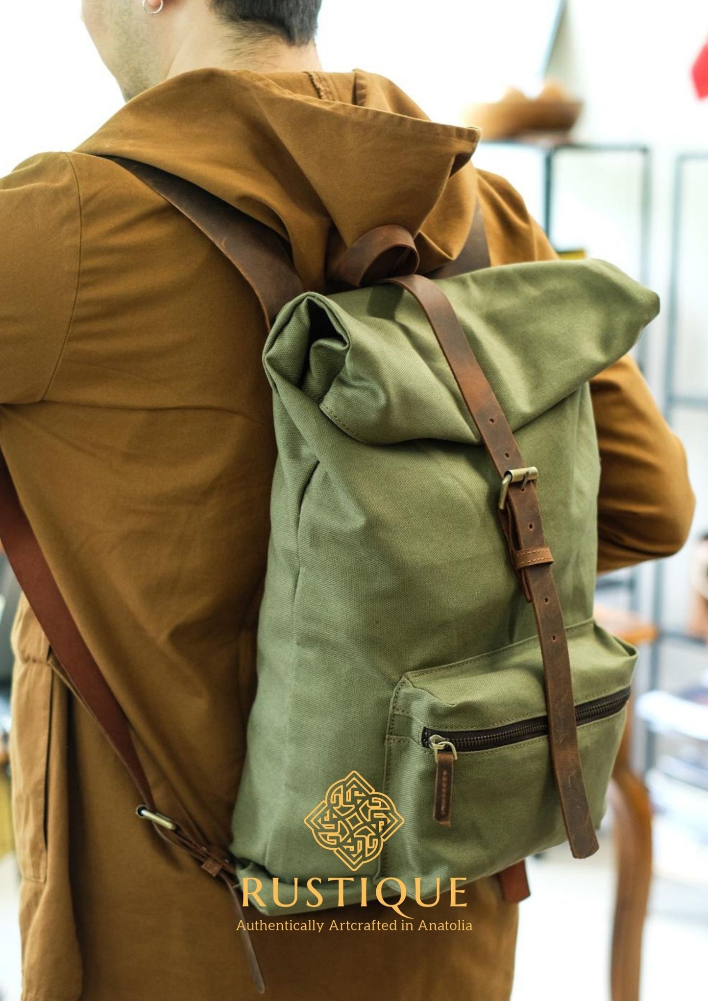 KEŞANE Adjustable Backpack & Travel Bag | Khaki Green Canvas
