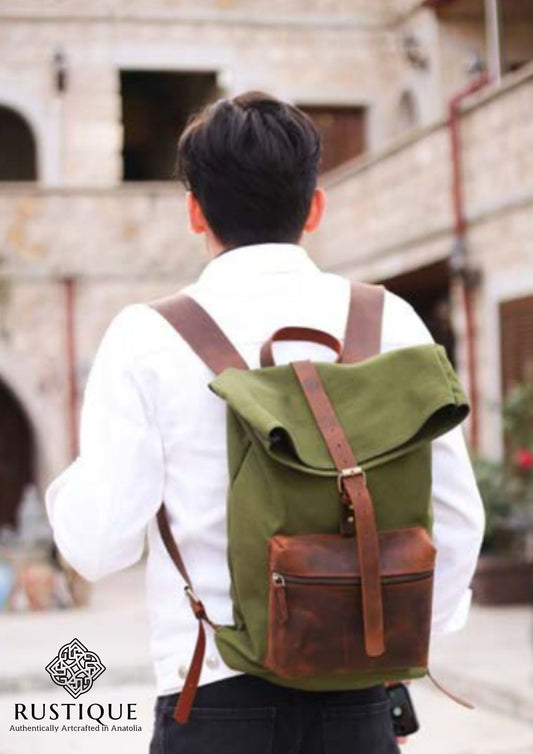 KEŞANE Adjustable Backpack & Travel Bag | Khaki Green Canvas