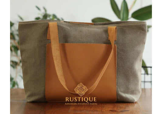 ASHIYAN Sport Tote Bag Maxi | Tan Leather & Brownish Gray Canvas