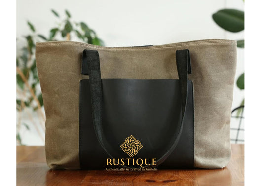 ASHIYAN Sport Tote Bag Maxi | Black Leather & Brownish Gray Canvas