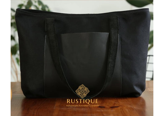 ASHIYAN Sport Tote Bag Maxi | Black Leather & Black Canvas