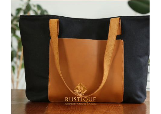 ASHIYAN Sport Tote Bag Maxi | Tan Leather & Black Canvas