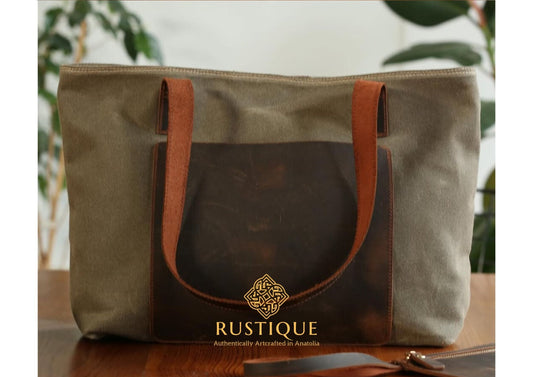 ASHIYAN Sport Tote Bag Maxi | Chestnut Leather & Brownish Gray Canvas
