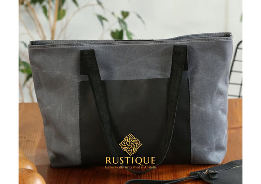 ASHIYAN Sport Tote Bag Maxi | Black Leather & Gray Canvas