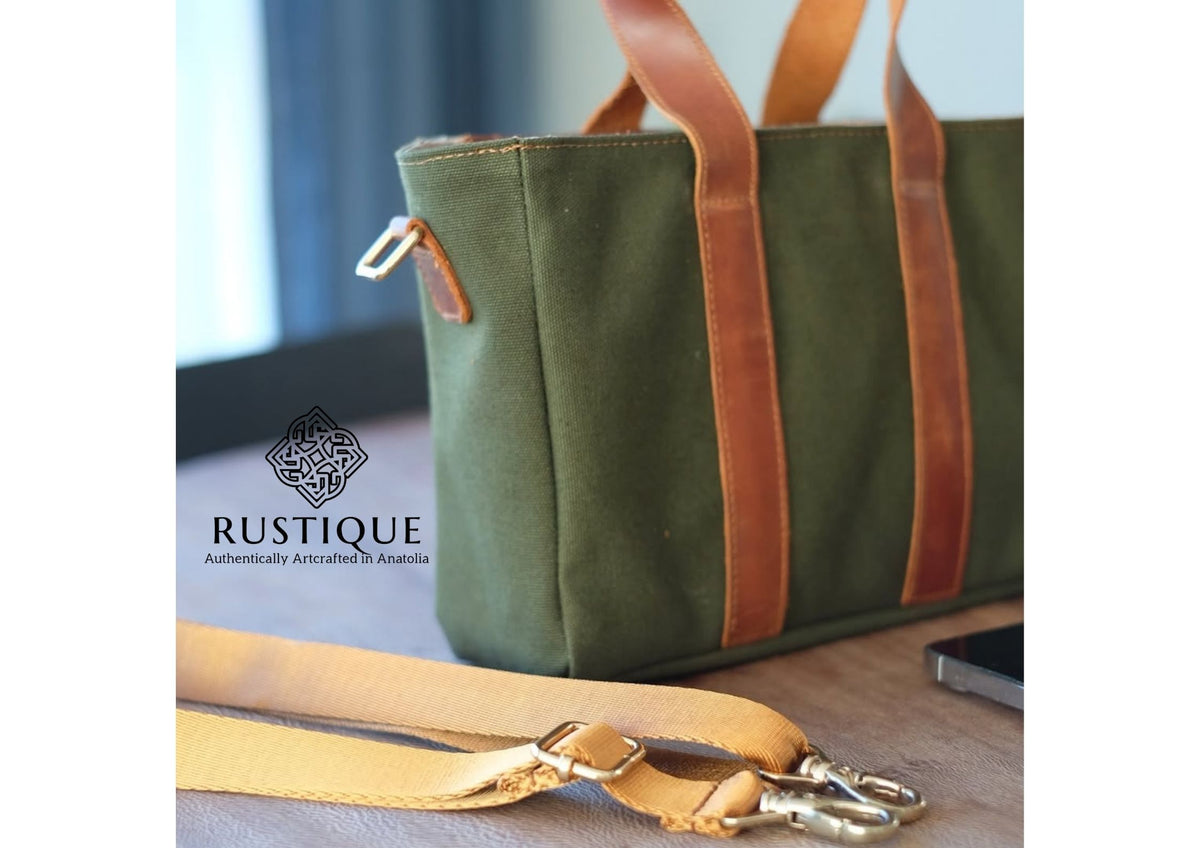 SAADET Leather-Canvas Hand Bag | Khaki Green