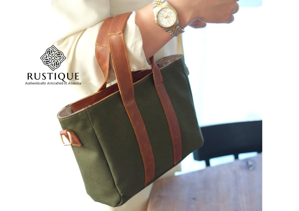 SAADET Canvas Hand Bag | Tan | Khaki Green Canvas