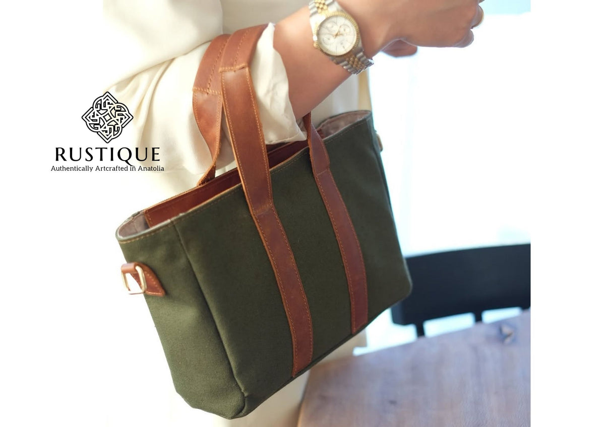 SAADET Leather-Canvas Hand Bag | Khaki Green