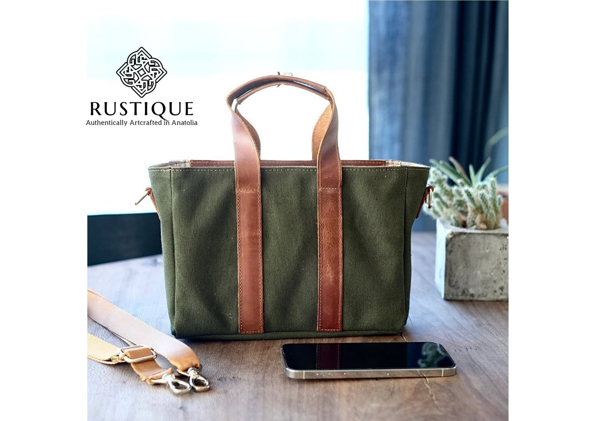 SAADET Leather-Canvas Hand Bag | Khaki Green