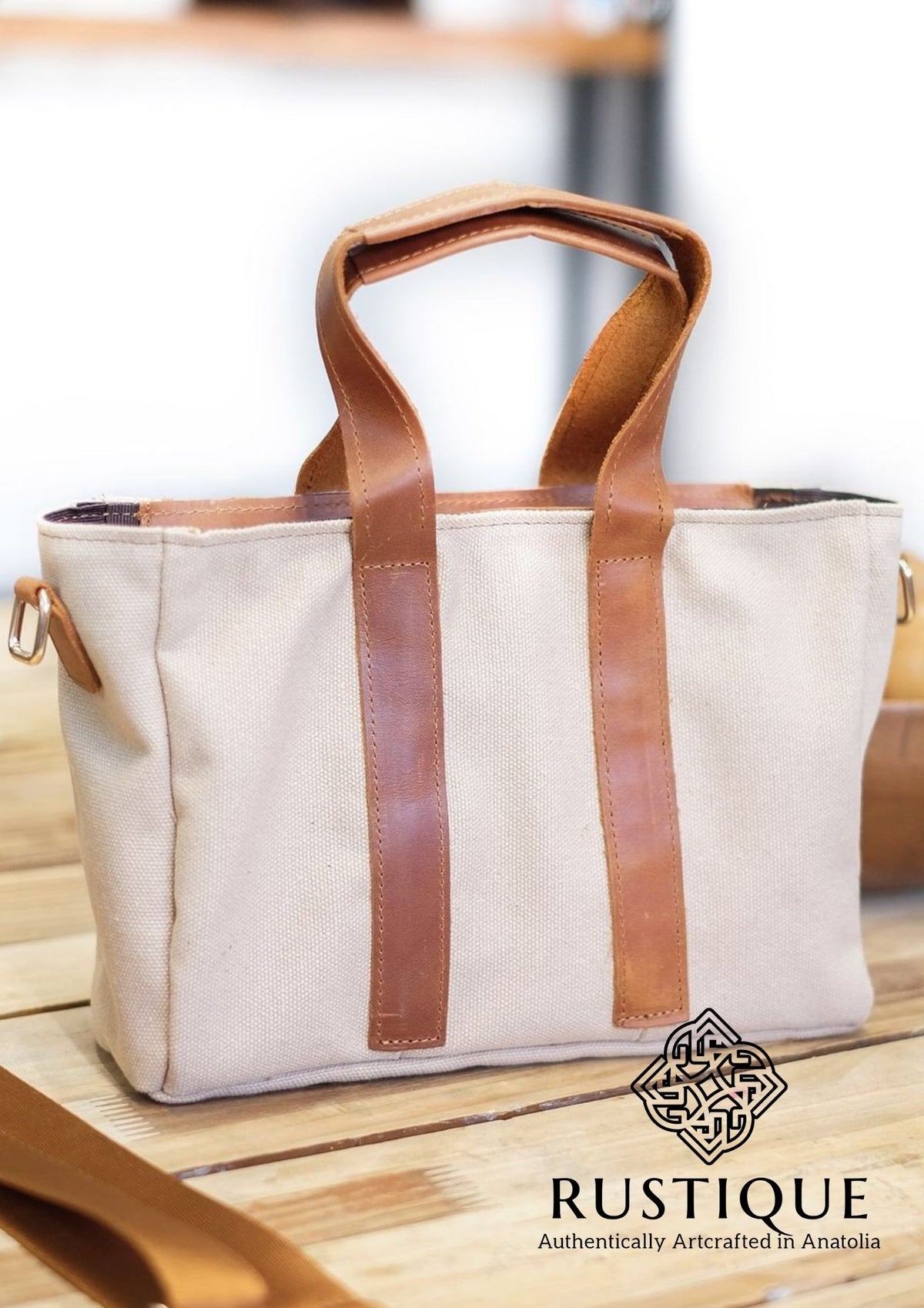 SAADET Leather-Canvas Hand Bag | Cream