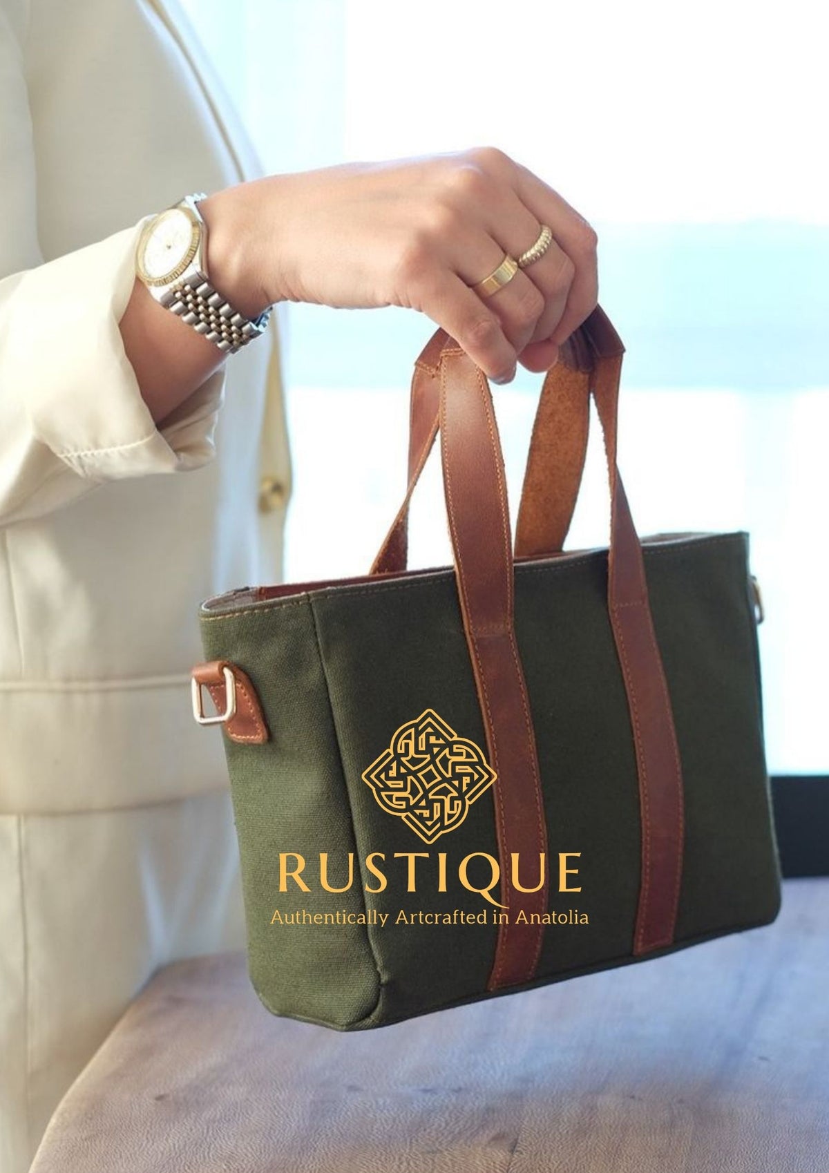 SAADET Leather-Canvas Hand Bag | Khaki Green