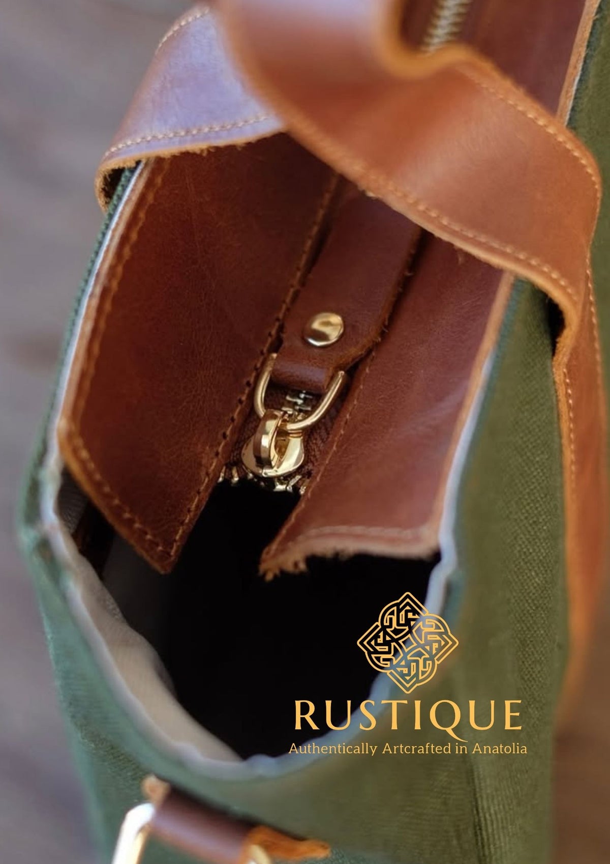 SAADET Leder-Canvas Handtasche | Khakigrün