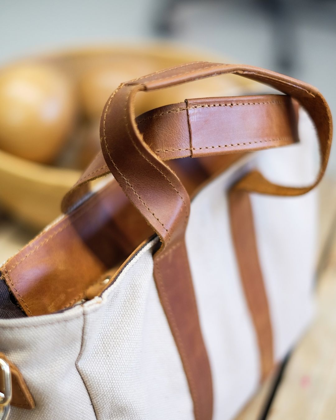 SAADET Leather-Canvas Hand Bag | Cream